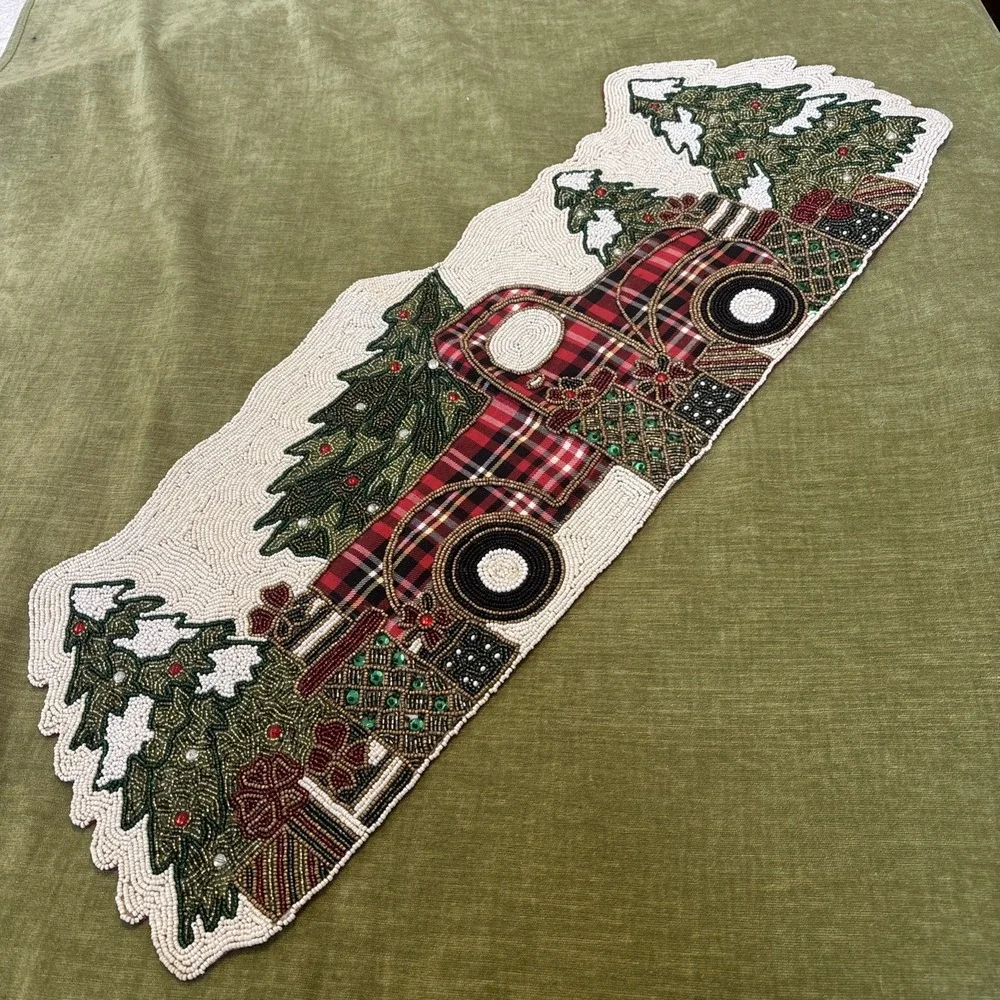Winter Wonderland Beaded Farm Truck Table Runner Holiday Centerpiece Christmas